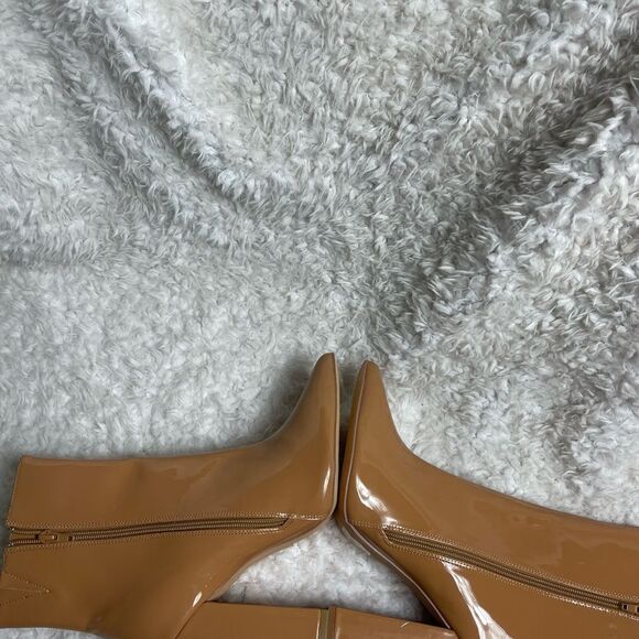 SHEIN Patent tan mid calf Boots pointed toe side zipper block heels size 11 - Picture 4 of 10